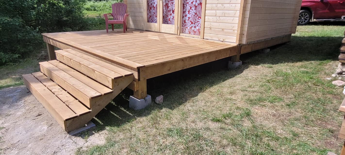Detail shot of custom wood deck and stair framing